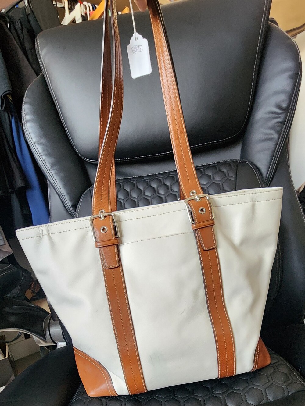 Coach Cream and Brown Leather-Trim Tote Bag